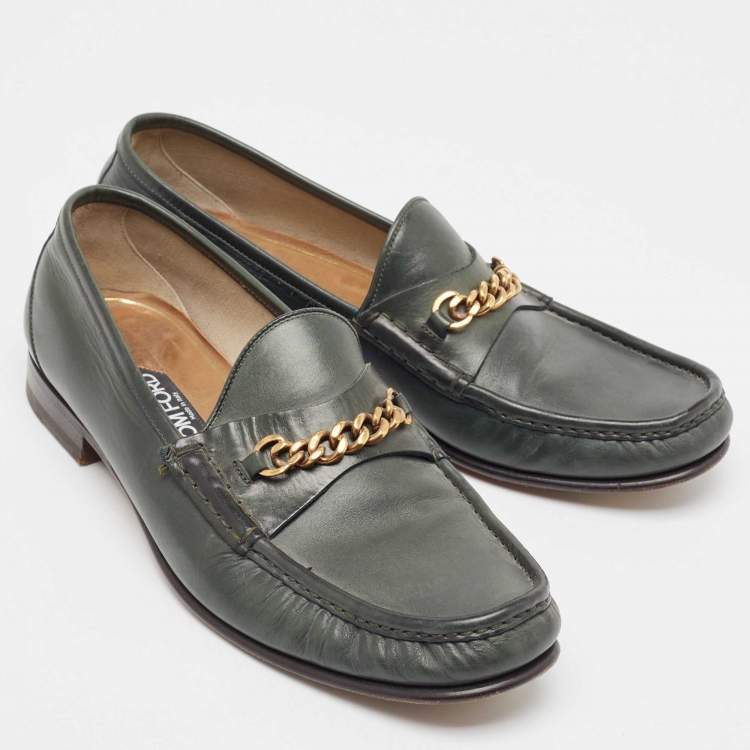 Pre Owned Tom Ford Green Leather York Chain Loafers  Size 42