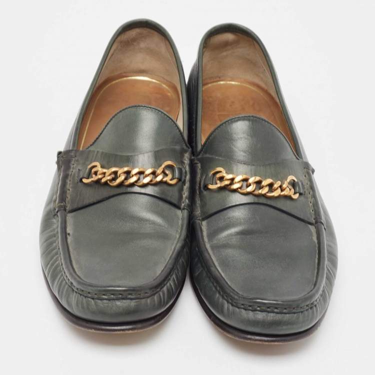 Pre Owned Tom Ford Green Leather York Chain Loafers  Size 42