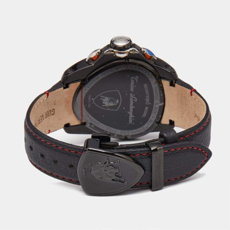 مملوكة مسبقًا Tonino Lamborghini Black PVD Coated Stainless Steel Leather Spyder 1101 Men's Wristwatch 49 mm
