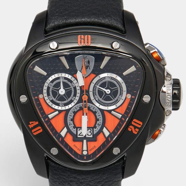 مملوكة مسبقًا Tonino Lamborghini Black PVD Coated Stainless Steel Leather Spyder 1101 Men's Wristwatch 49 mm