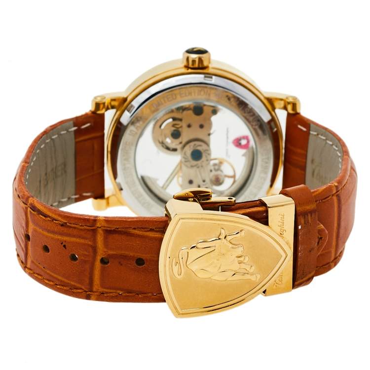 Pre Owned Tonino Lamborghini Gold PVD Stainless Steel Skeleton LS4490 Men's Wristwatch 44 mm 