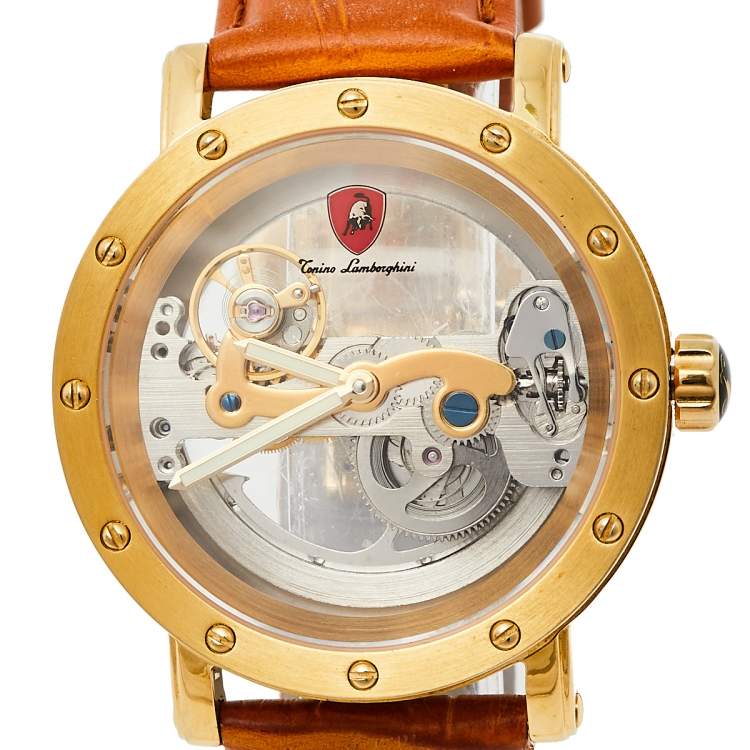Pre Owned Tonino Lamborghini Gold PVD Stainless Steel Skeleton LS4490 Men's Wristwatch 44 mm 