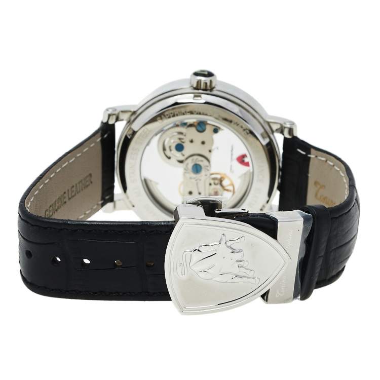 Pre Owned Tonino Lamborghini Stainless Steel & Leather Skeleton LS4490 Men's Wristwatch 44 mm