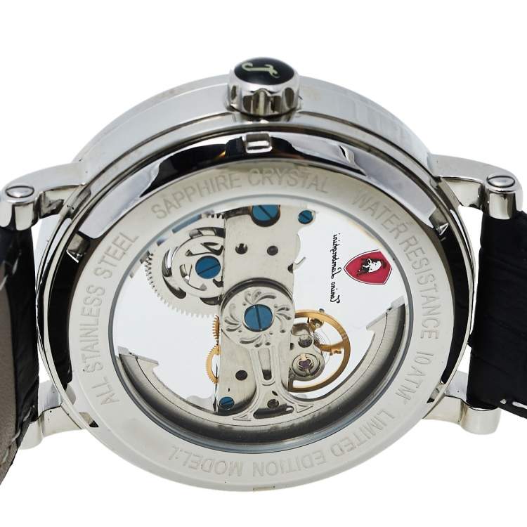 Pre Owned Tonino Lamborghini Stainless Steel & Leather Skeleton LS4490 Men's Wristwatch 44 mm