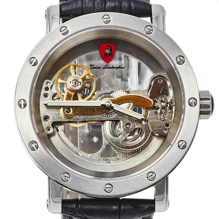 Pre Owned Tonino Lamborghini Stainless Steel & Leather Skeleton LS4490 Men's Wristwatch 44 mm