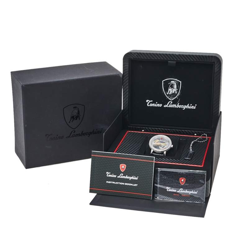 Pre Owned Tonino Lamborghini Stainless Steel & Leather Skeleton LS4490 Men's Wristwatch 44 mm