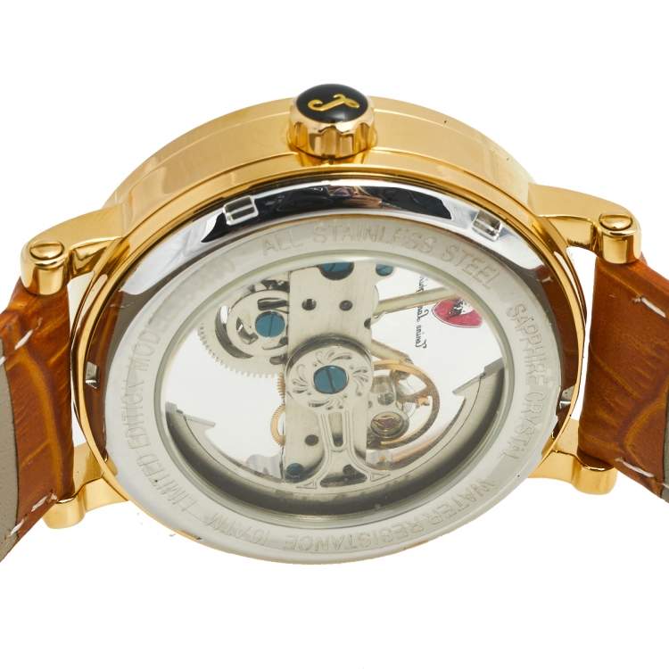مملوكة مسبقًا Tonino Lamborghini Gold Plated Stainless Steel Leather Skeleton LS4490 Men's Wristwatch 44 mm 