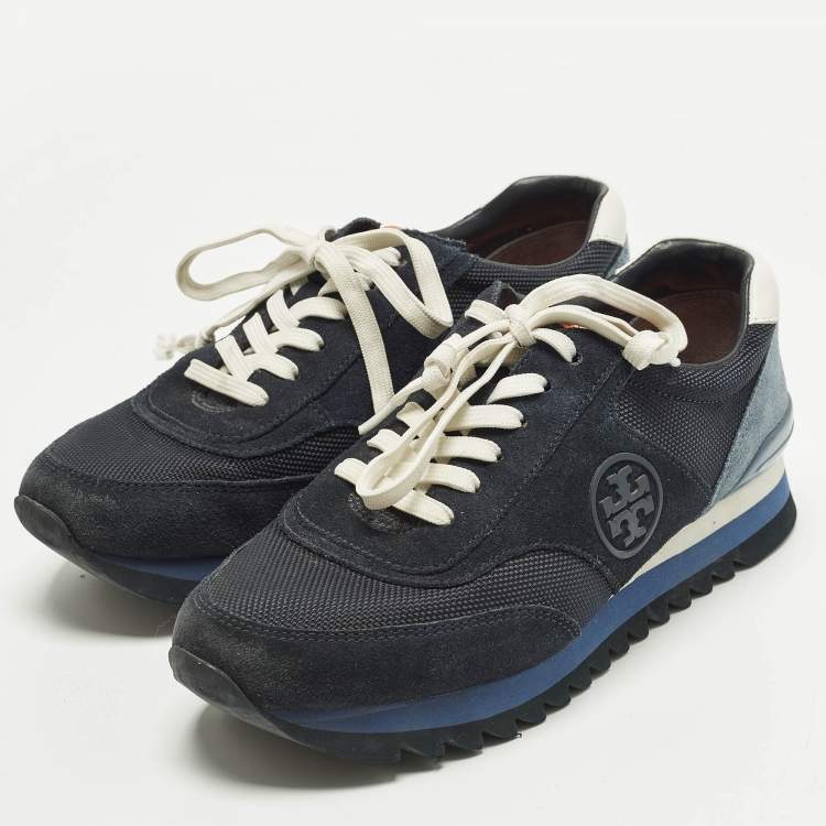 Pre Owned Tory Burch Sawtooth Size 41 Two Tone Canvas and Suede Lace Up Sneakers