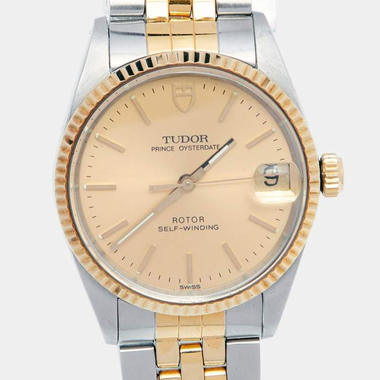 Pre Owned Tudor Champagne 18K Yellow Gold Stainless Steel Prince Oysterdate 72033 Men's Wristwatch 32 mm