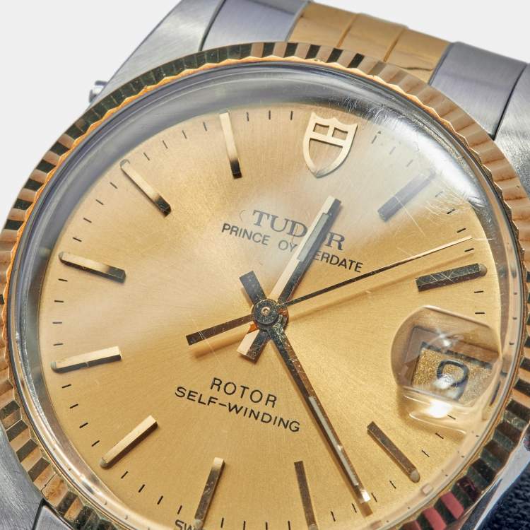 Pre Owned Tudor Champagne 18K Yellow Gold Stainless Steel Prince Oysterdate 72033 Men's Wristwatch 32 mm