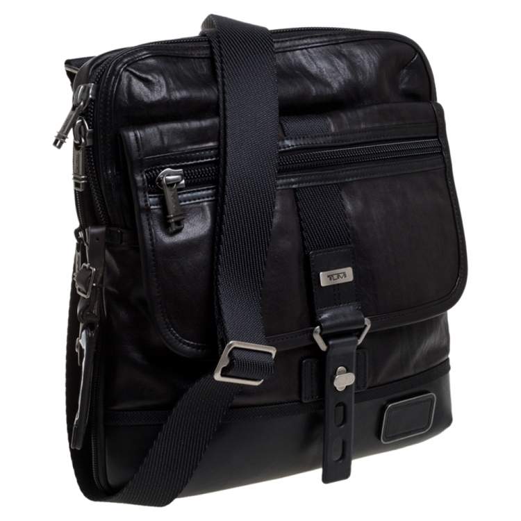 Pre Owned TUMI Black/Dark Brown Leather Annapolis Zip Flap Messenger Bag