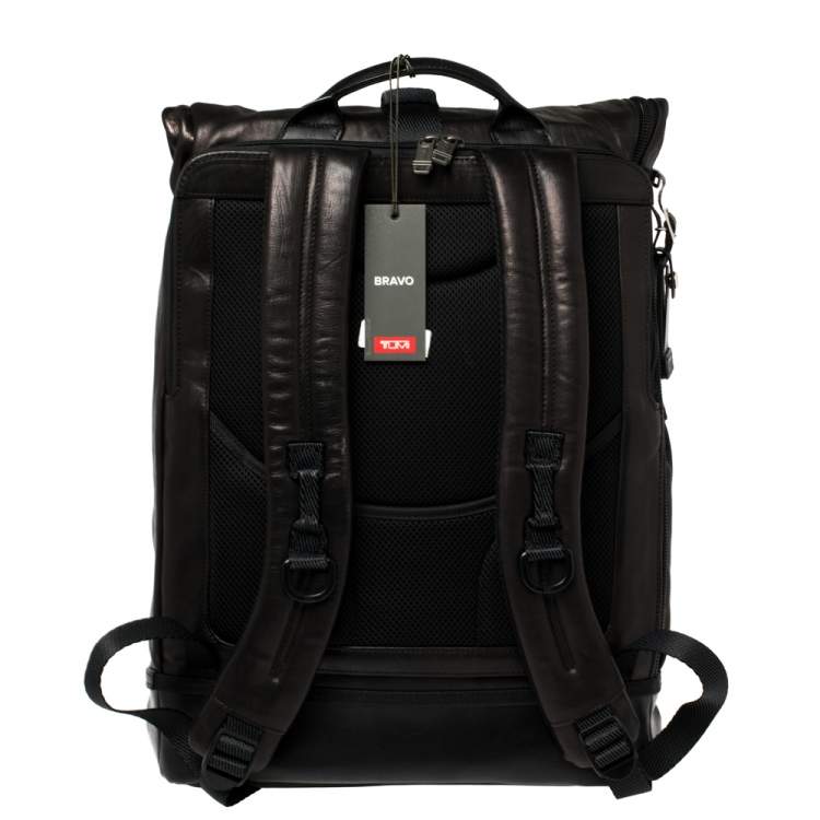 Pre Owned TUMI Black/Metallic Bronze Leather Alpha Bravo Luke Roll Top Backpack