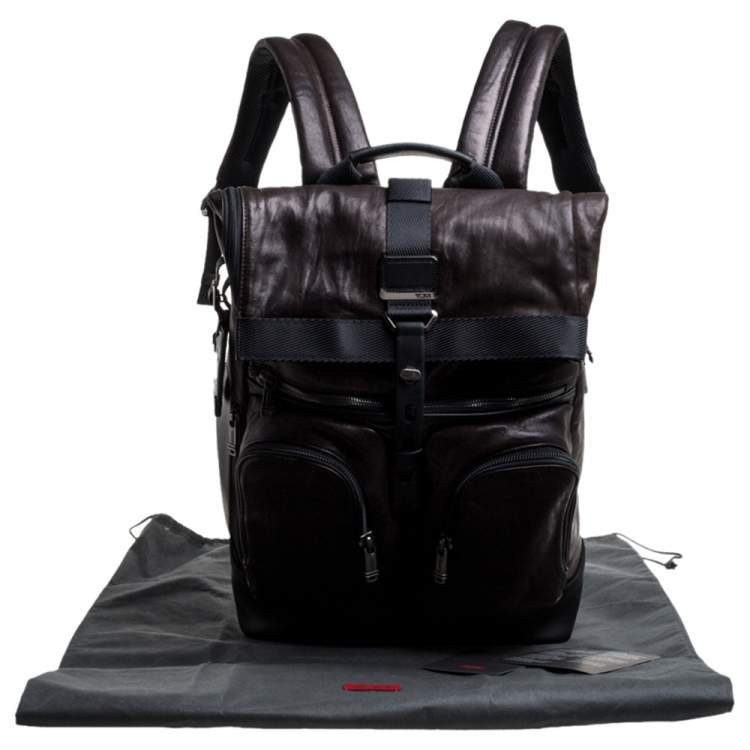 Pre Owned TUMI Black/Metallic Bronze Leather Alpha Bravo London Roll Top Backpack