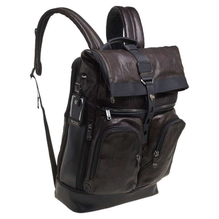 Pre Owned TUMI Black/Metallic Bronze Leather Alpha Bravo London Roll Top Backpack