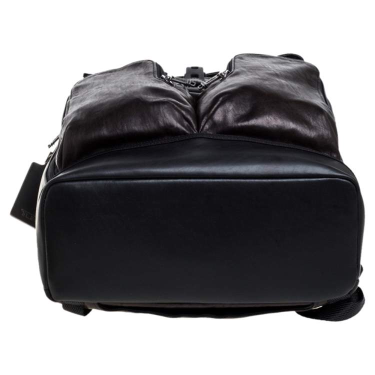 Pre Owned TUMI Black/Metallic Bronze Leather Alpha Bravo London Roll Top Backpack