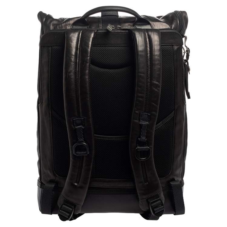 Pre Owned TUMI Black/Metallic Bronze Leather Alpha Bravo Luke Roll Top Backpack