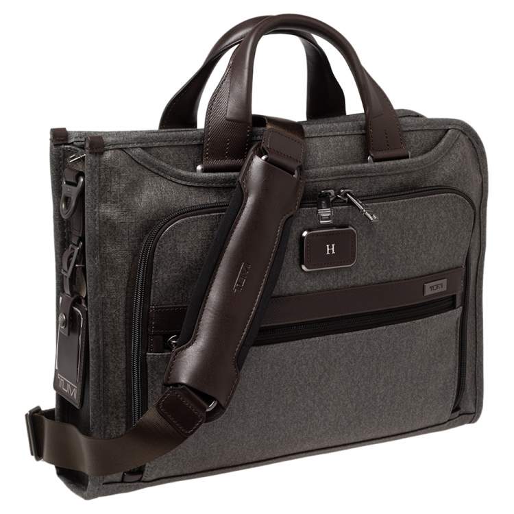 مملوكة مسبقًا TUMI Grey/Brown Leather and PVC Alpha 2 Slim Deluxe Portfolio Bag