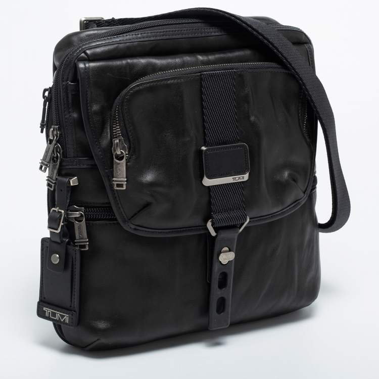 Pre Owned Tumi Black Leather Alpha Bravo Arnold Zip Flap Expandable Messenger Bag
