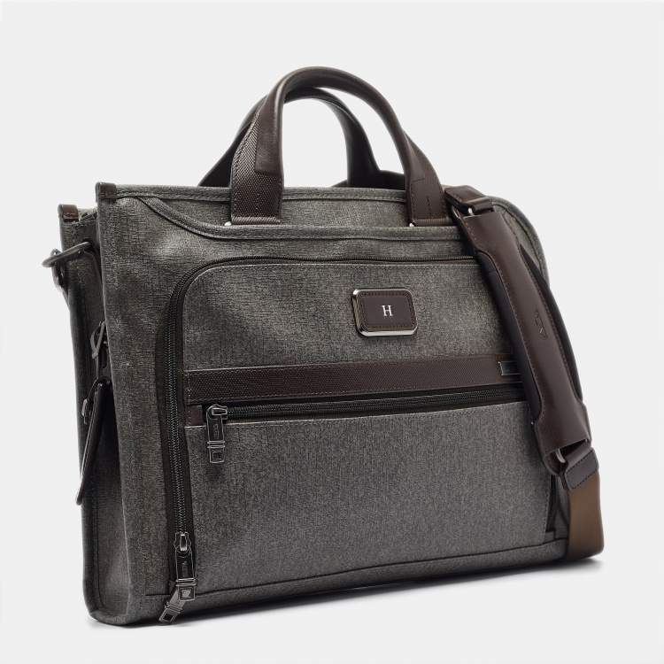 Pre Owned TUMI Grey/Brown Coated Canvas and Leather Alpha 2 Slim Deluxe Portfolio Bag