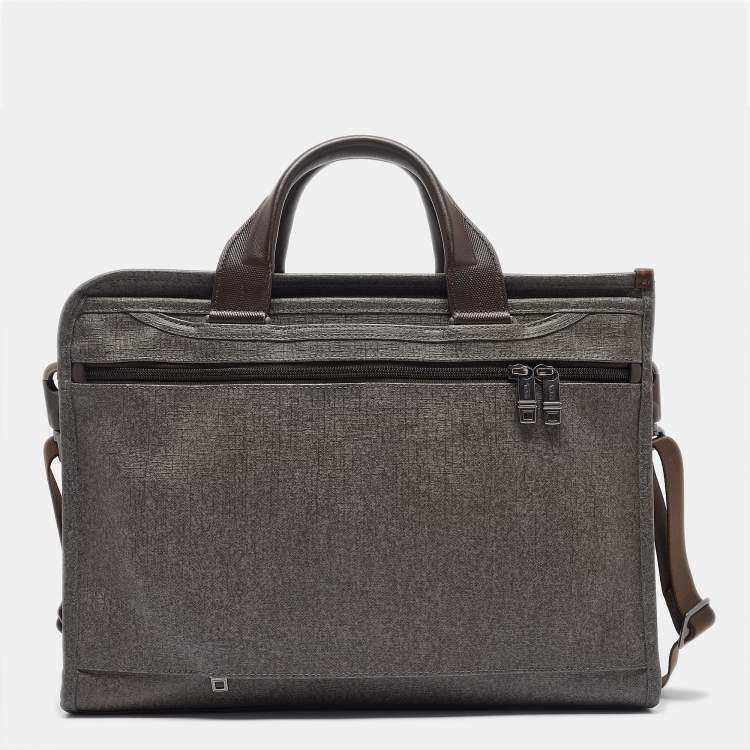 Pre Owned TUMI Grey/Brown Coated Canvas and Leather Alpha 2 Slim Deluxe Portfolio Bag