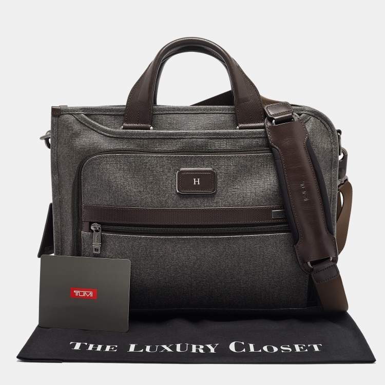 Pre Owned TUMI Grey/Brown Coated Canvas and Leather Alpha 2 Slim Deluxe Portfolio Bag
