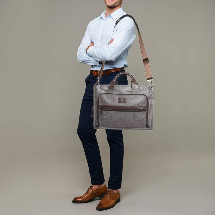 Pre Owned TUMI Grey/Brown Coated Canvas and Leather Alpha 2 Slim Deluxe Portfolio Bag