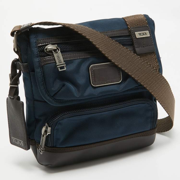 Pre Owned TUMI Navy Blue/Brown Leather and Nylon Alpha Bravo Barstow Messenger Bag