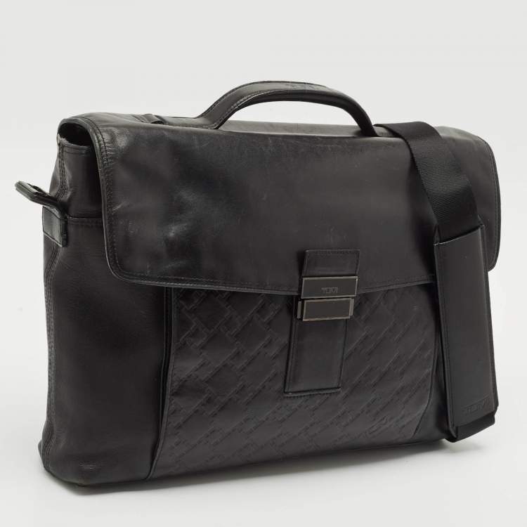 Pre Owned TUMI Black Logo Embossed Leather Ticon Slim Flap Briefcase