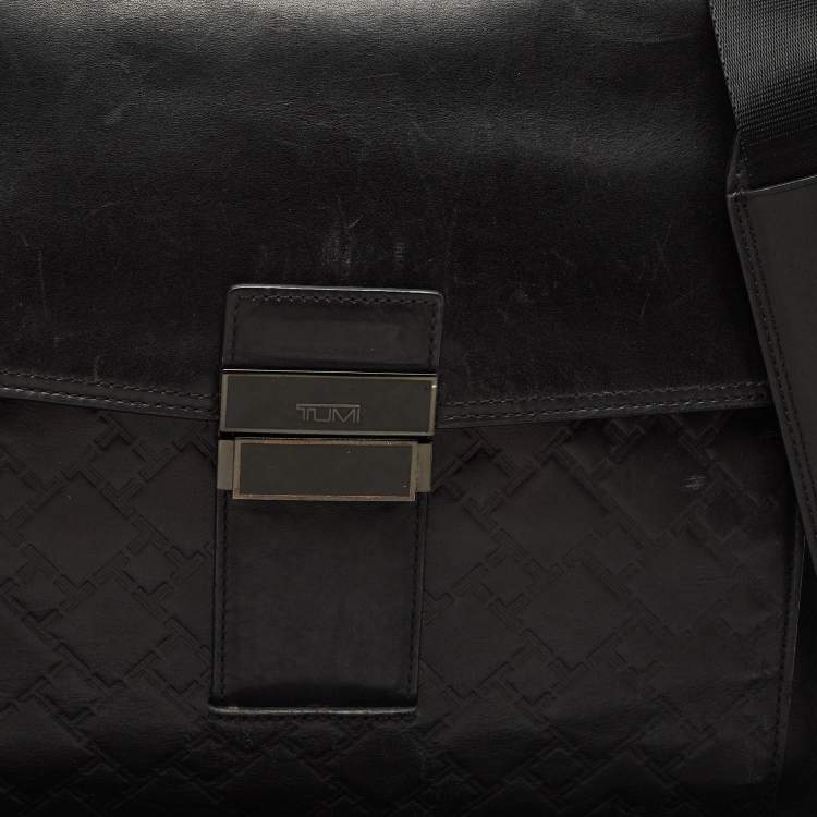 Pre Owned TUMI Black Logo Embossed Leather Ticon Slim Flap Briefcase