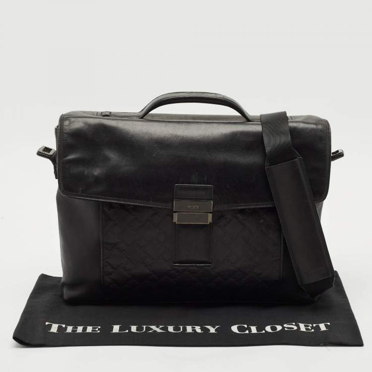 Pre Owned TUMI Black Logo Embossed Leather Ticon Slim Flap Briefcase
