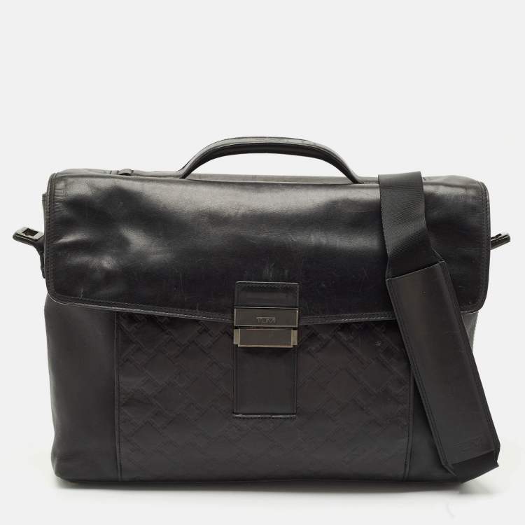 Pre Owned TUMI Black Logo Embossed Leather Ticon Slim Flap Briefcase