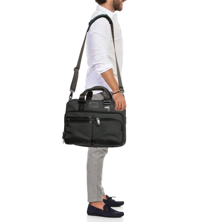 Pre Owned Tumi Grey/Brown Canvas and Leather Andersen Slim Commuter Briefcase Bag