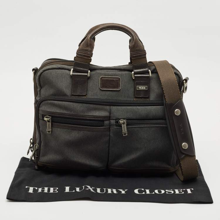 Pre Owned Tumi Grey/Brown Canvas and Leather Andersen Slim Commuter Briefcase Bag