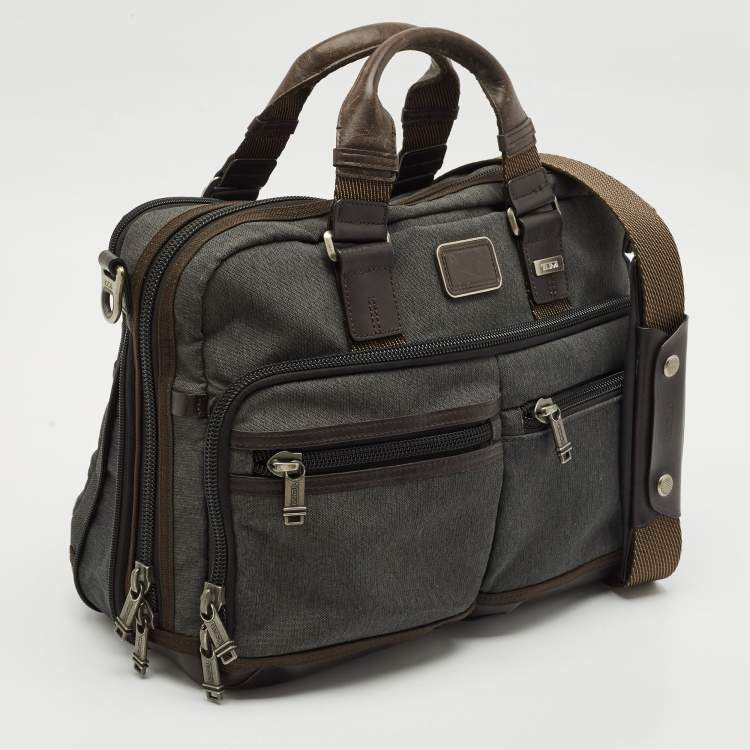 Pre Owned Tumi Grey/Brown Canvas and Leather Andersen Slim Commuter Briefcase Bag