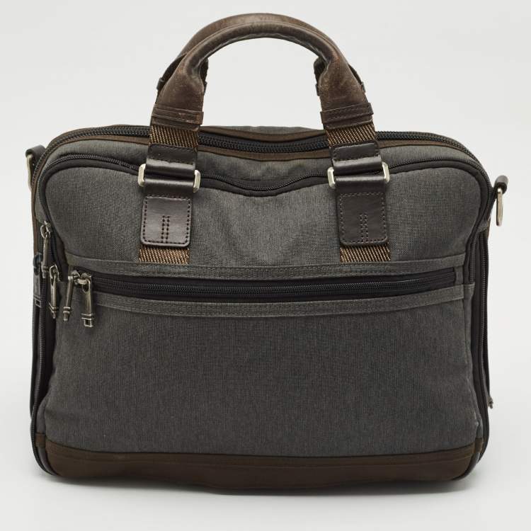Pre Owned Tumi Grey/Brown Canvas and Leather Andersen Slim Commuter Briefcase Bag