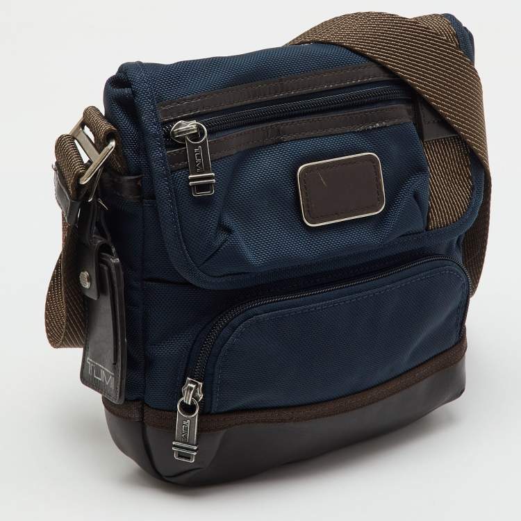 Pre Owned TUMI Navy Blue/Brown Canvas and Leather Alpha Bravo Barstow Messenger Bag