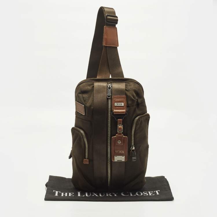 Pre Owned TUMI Alpha Bravo Monterey Brown Leather and Nylon Sling Backpack