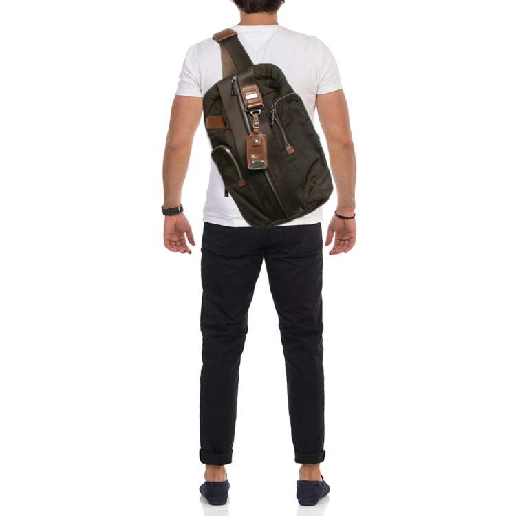 Pre Owned TUMI Alpha Bravo Monterey Brown Leather and Nylon Sling Backpack