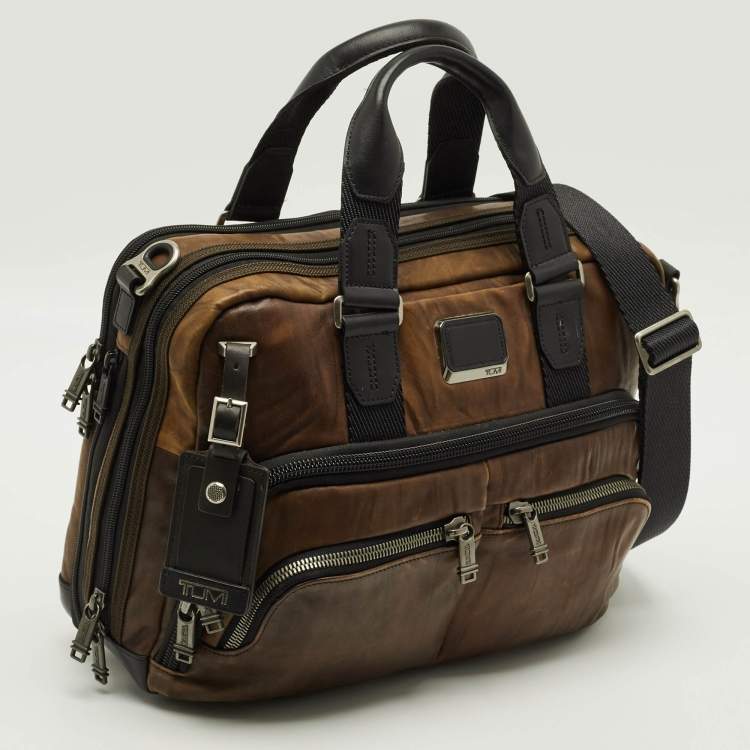 Pre Owned TUMI Alpha Bravo Albany Slim Commuter Brown/Black Leather Briefcase Bag
