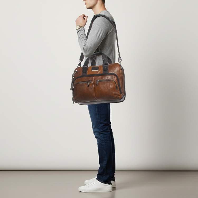Pre Owned TUMI Alpha Bravo Albany Slim Commuter Brown/Black Leather Briefcase Bag
