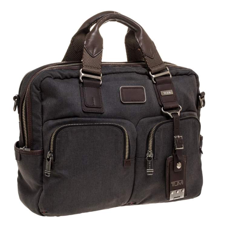 Pre Owned TUMI Grey/Brown Canvas and Leather Alpha Bravo Briefcase 