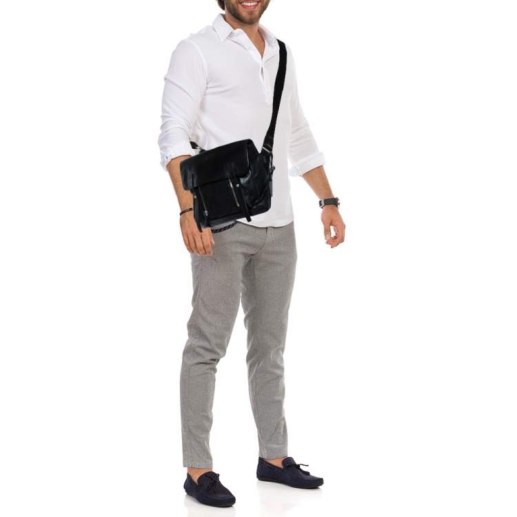 Pre Owned TUMI Black Leather Front Pocket Flap Messenger Bag