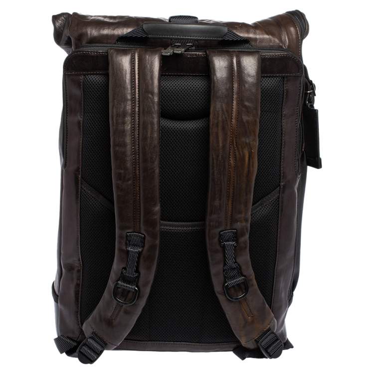 Pre Owned TUMI Black/Metallic Bronze Leather Alpha Bravo London Roll Top Backpack