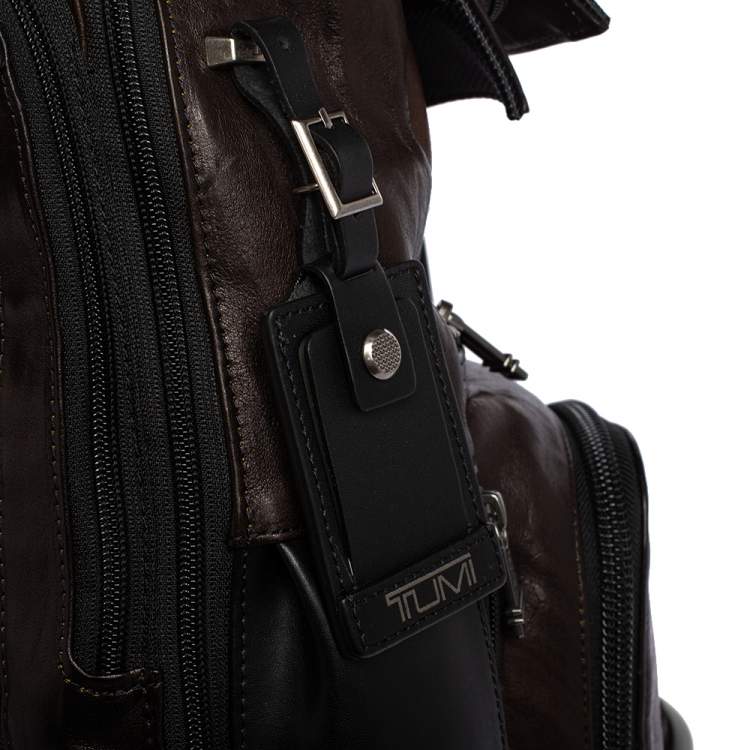 Pre Owned TUMI Black/Metallic Bronze Leather Alpha Bravo London Roll Top Backpack