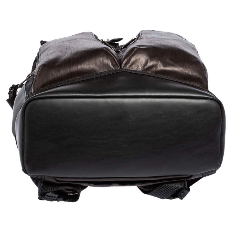 Pre Owned TUMI Black/Metallic Bronze Leather Alpha Bravo London Roll Top Backpack