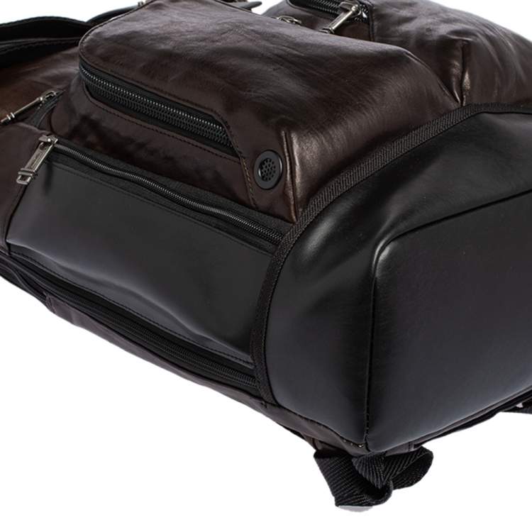 Pre Owned TUMI Black/Metallic Bronze Leather Alpha Bravo London Roll Top Backpack