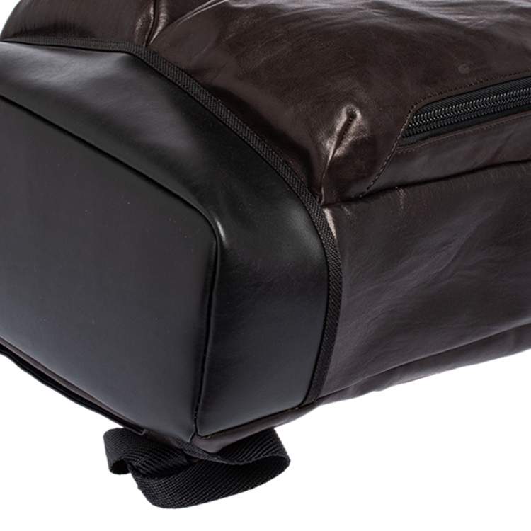 Pre Owned TUMI Black/Metallic Bronze Leather Alpha Bravo London Roll Top Backpack