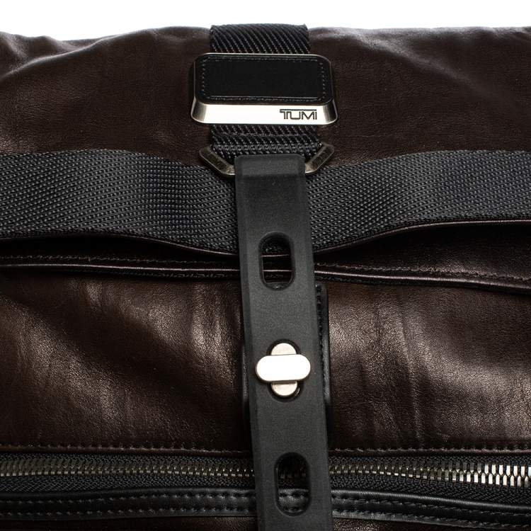 Pre Owned TUMI Black/Metallic Bronze Leather Alpha Bravo London Roll Top Backpack