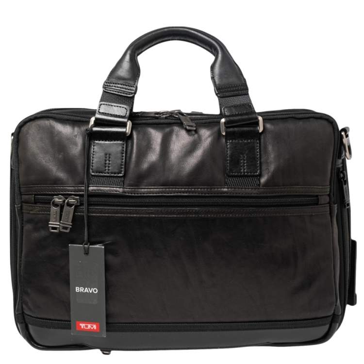 Pre Owned TUMI Metallic Dark Brown/Black Leather Alpha Bravo Andersen Slim Commuter Briefcase