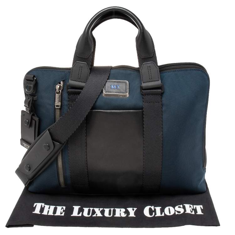 Pre Owned TUMI Navy Blue/Black Nylon and Leather Bravo Alpha Aviano Slim Briefcase